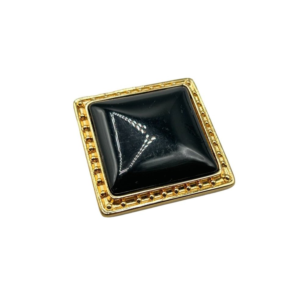 Vintage Signed Monet Square Black Pin Brooch Gold Tone Setting Elegant Jewelry